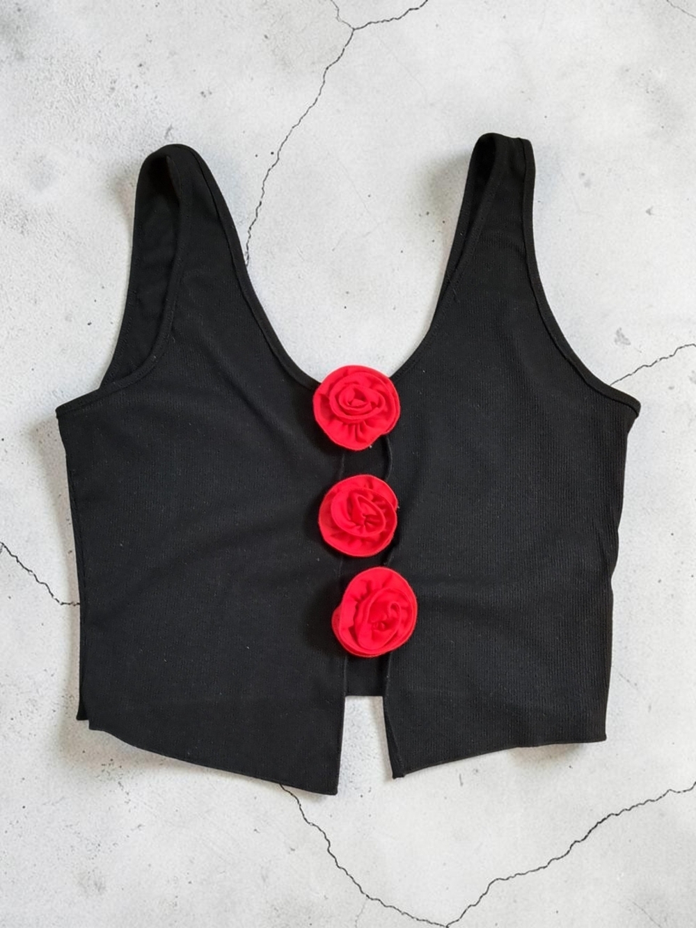 SHEIN Black Crop Tank with Red Rose Accents